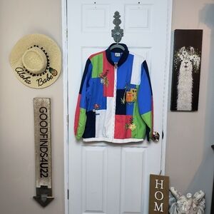 VTG 90s Koret Windbreaker Jacket Womens L Patchwork Embroidered Zip Up Pockets